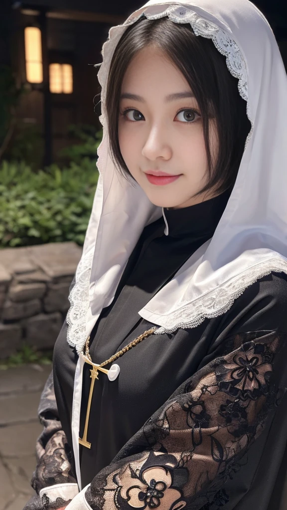 (A Ultra cute young Japanese nun:1.75),(she wearing a decorated with lace nun costume slim fit:2.0),(beautiful detailed eyes:2.0),beautiful detailed lips, (extremely detailed cute face:2.0), longeyelashes, (slender woman body:2.0), (beautiful short hair:2.0), (natural makeup,big smile:1.5), incredibly beautiful skin,(professional lighting, bright lighting, photorealistic, 8k, high resolution, best quality, masterpiece, ultra-detailed:1.75), vivid colors, (Moonlit Night:1.5),(The moonlight shines on her face:1.2),(She is in the convent:1.2)