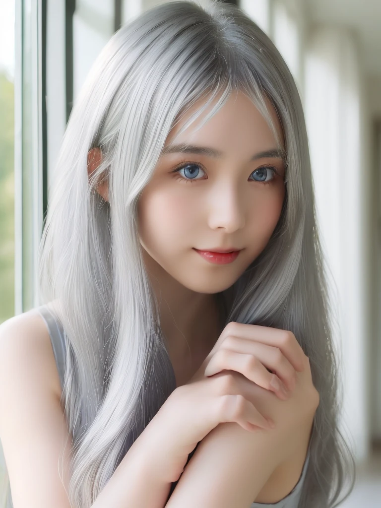 (High exposure:1.8)、(Staring at the viewer as if in love:1.8)、The Shining, clear, White skin、Her windblown silver hair hides her beautiful face..、Huge、Sexy beautiful face of 28 years old、Beautiful straight hair that stands out、growing up, light blue eyes shimmering、Sexy long silky bangs that cover the eyes, Sexy young woman with super long hair hiding her sexy face、The Shining silver hair、(((Sexy Woman)))