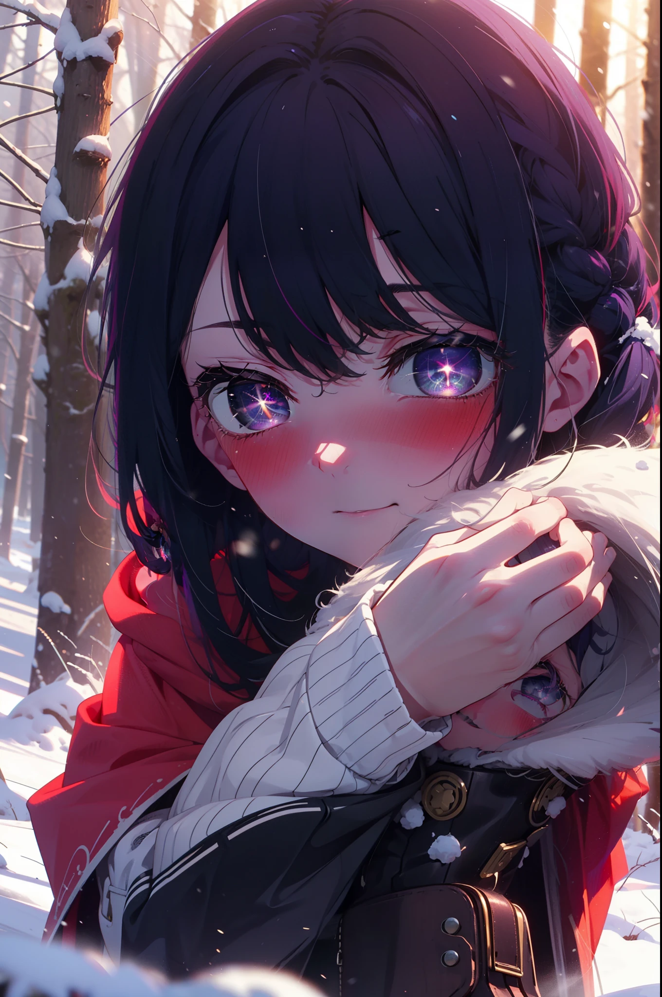 aihoshino, ai hoshino, Long Hair, bangs, (Purple eyes:1.1), Purple Hair, (Symbol-shaped pupil:1.5), smile,,smile,blush,White Breath,
Open your mouth,snow,Ground bonfire, Outdoor, boots, snowing, From the side, wood, suitcase, Cape, Blurred, , forest, White handbag, nature, Squat, Mouth closed, Cape, winter, Written boundary depth, Black shoes, red Cape break looking at viewer, Upper Body, whole body, break Outdoor, forest, nature, break (masterpiece:1.2), Highest quality, High resolution, unity 8k wallpaper, (shape:0.8), (Beautiful and beautiful eyes:1.6), Highly detailed face, Perfect lighting, Extremely detailed CG, (Perfect hands, Perfect Anatomy),