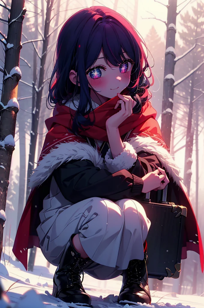 aihoshino, ai hoshino, Long Hair, bangs, (Purple eyes:1.1), Purple Hair, (Symbol-shaped pupil:1.5), smile,,smile,blush,White Breath,
Open your mouth,snow,Ground bonfire, Outdoor, boots, snowing, From the side, wood, suitcase, Cape, Blurred, , forest, White handbag, nature,  Squat, Mouth closed, Cape, winter, Written boundary depth, Black shoes, red Cape break looking at viewer, Upper Body, whole body, break Outdoor, forest, nature, break (masterpiece:1.2), Highest quality, High resolution, unity 8k wallpaper, (shape:0.8), (Beautiful and beautiful eyes:1.6), Highly detailed face, Perfect lighting, Extremely detailed CG, (Perfect hands, Perfect Anatomy),