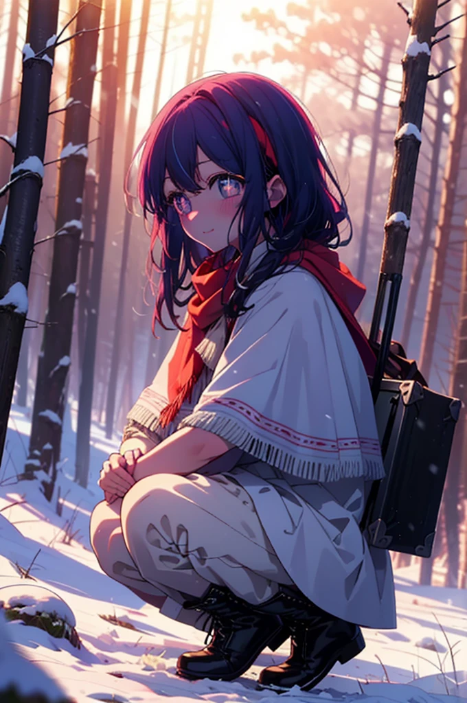 aihoshino, ai hoshino, Long Hair, bangs, (Purple eyes:1.1), Purple Hair, (Symbol-shaped pupil:1.5), smile,,smile,blush,White Breath,
Open your mouth,snow,Ground bonfire, Outdoor, boots, snowing, From the side, wood, suitcase, Cape, Blurred, , forest, White handbag, nature, Squat, Mouth closed, Cape, winter, Written boundary depth, Black shoes, red Cape break looking at viewer, Upper Body, whole body, break Outdoor, forest, nature, break (masterpiece:1.2), Highest quality, High resolution, unity 8k wallpaper, (shape:0.8), (Beautiful and beautiful eyes:1.6), Highly detailed face, Perfect lighting, Extremely detailed CG, (Perfect hands, Perfect Anatomy),