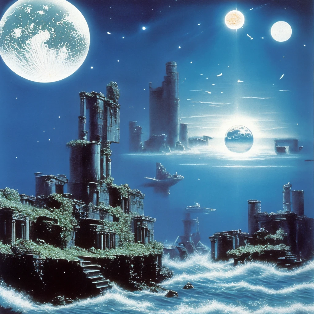 Science magazine illustrations from the 1980s.Ancient ruins sunk.There is a large white sphere in the center of the screen. Sea of ​​night. Many pirate ships are floating in the air.