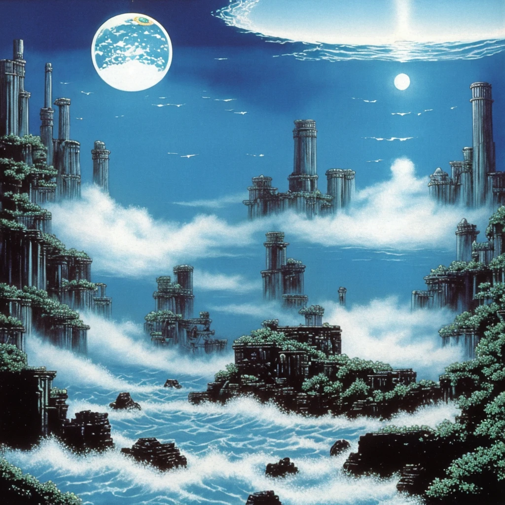 Science magazine illustrations from the 1980s.Ancient ruins sunk.There is a large white sphere in the center of the screen. Sea of night. Many pirate ships are floating in the air.