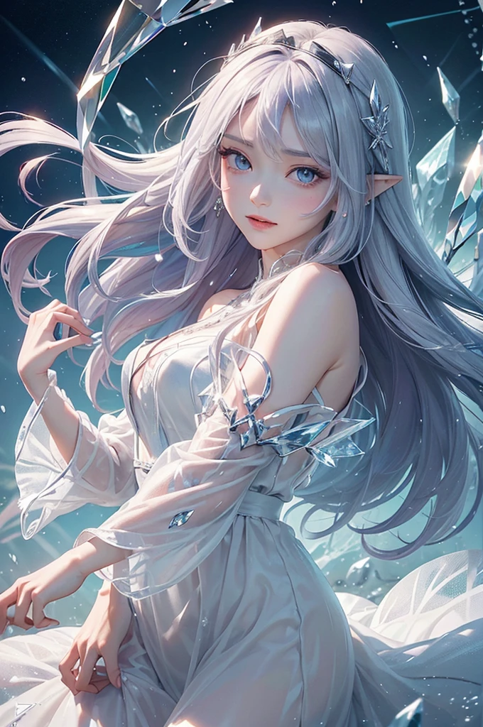 (masterpiece、Highest品質、Highest、Official Art、Beautiful and aesthetic、Long Exposure:1.2)、Smooth movement、Attractive patterns、One Girl、(Long dress with sleeves:1.3)、(((White clothes)))、Upper body close-up、Exposing shoulders、Korean Girls、smile、Light purple long hair、Portraiture、solo、Upper body、Looking at the observer、Detailed Background、Detailed face、(Crystallized AI、Crystal Theme:1.1)、Elemental Wind Elf、回転Wind、 Wind、White crystal clothes、Off the shoulder、Dynamic pose、Suspended particles、Aether Dynamics、旋Wind、vapor、背景に旋Wind、White Tone、旋Wind、Ethereal atmosphere、medium breasts
