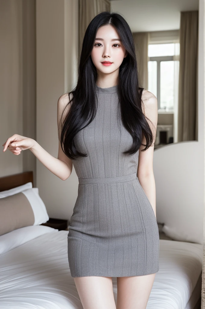 a beautiful 22-year-old girl, detailed gray eyes, pale porcelain skin, slim elegant figure, warm gentle smile, long flowing black hair, fashionable stylish outfit, high-quality professional photo, exquisite elegant bedroom interior, soft natural lighting, intricate detailed textures, photorealistic 8k, masterpiece