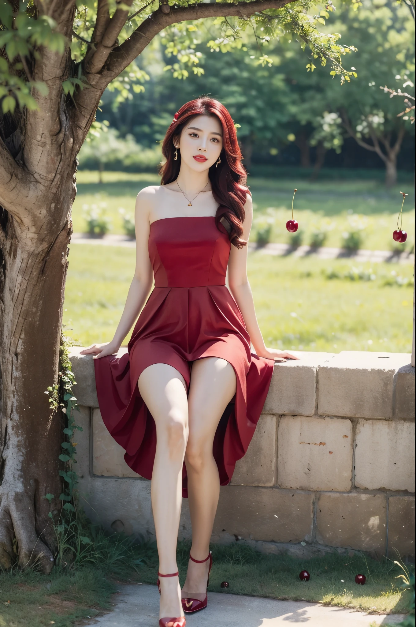 (((best quality))),(((ultra detailed))),(((masterpiece))),illustration,1 beautiful girl,solo,earrings,necklace,medium straight hair,slim,flat chest,red dress,summer,(cherry orchard full of red cherries:1.3),sunlight,dappled light,fair skin,smile,(ripest cherries on the trees:1.3),red lips,peaceful,summer breeze,hair fluttering,setting sun,radiant hue,beauty grace,basket,full body,slender legs,pantyhose,high heels,arms behind back
