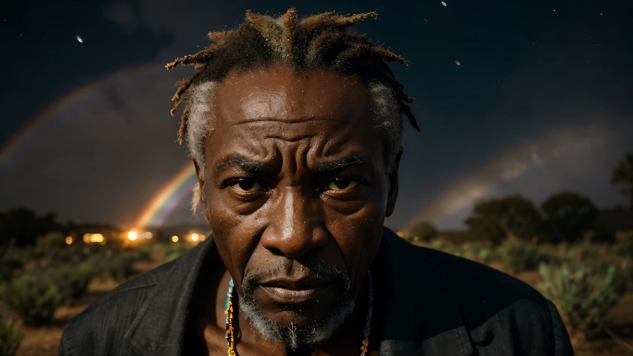 an elderly, african sage under a night sky, his face highlighted with translucent rainbow hues, telling stories of the past and future, intertwining fate with diversity, handsome face, ultra high definition, super detail, fierce, aggressive, authoritative aura, very angry face, mad, intense focus, looking straight at the camera