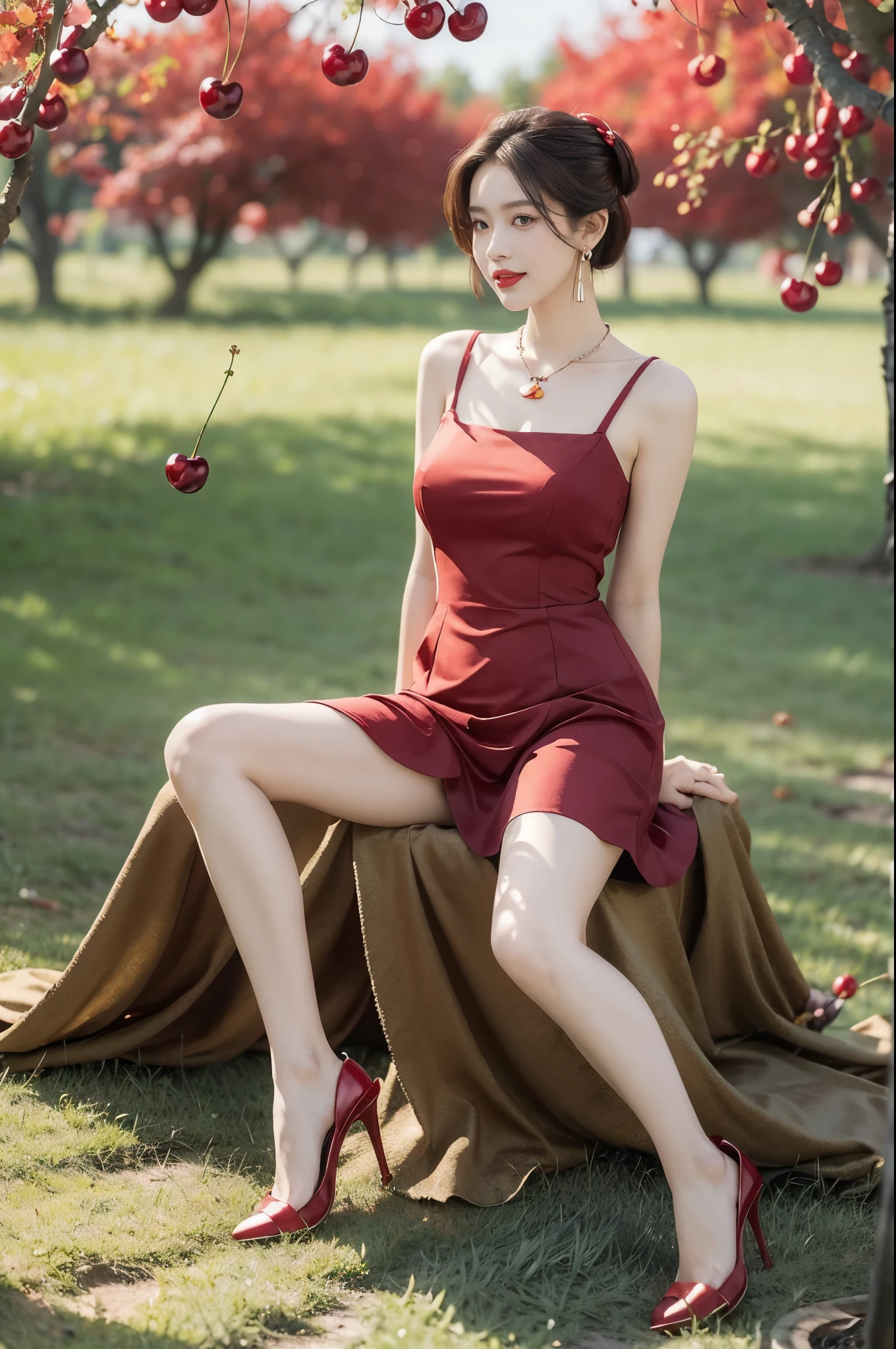 (((best quality))),(((ultra detailed))),(((masterpiece))),illustration,1 beautiful girl,solo,earrings,necklace,medium straight hair,slim,flat chest,red dress,summer,(cherry orchard full of red cherries:1.3),sunlight,dappled light,fair skin,smile,(ripest cherries on the trees:1.3),red lips,peaceful,summer breeze,hair fluttering,setting sun,radiant hue,beauty grace,basket,full body,slender legs,pantyhose,high heels,arms behind back