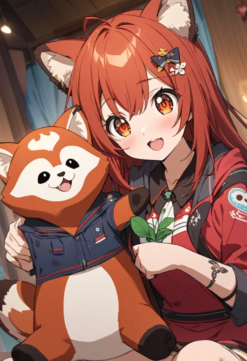 Come up with an anime character design from the show "Welcome Home".Puppet.The drawn details. The red panda. Girl