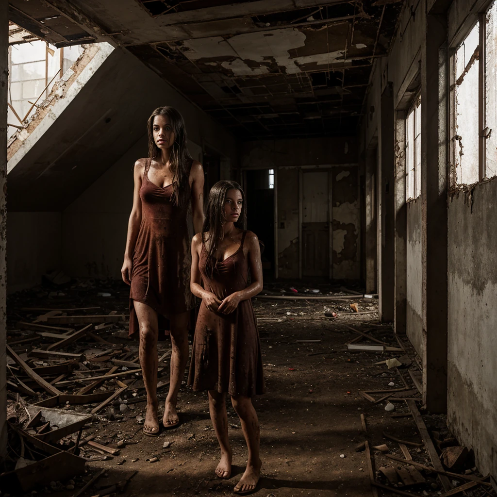 Girl inside abandoned building, dark, body dirty with muds, long hair, tears thin red dress, hot body, medium breast, sweaty, eyes stares, mysterious,