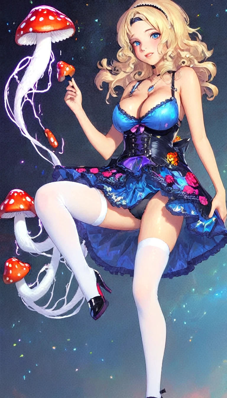 a beautiful 20 year old blonde woman with big messy hair in a blue dress, white stockings, black headband, cleavage, holding a glowing mushroom, fantasy art style, rossdraws cartoon vibrant, alice in wonderland cyberpunk, cute detailed digital art, colorfull digital fantasy art, digital fantasy art ), glossy digital painting, rossdraws pastel vibrant, rossdraws 2. 5, rossdraws 1. 0