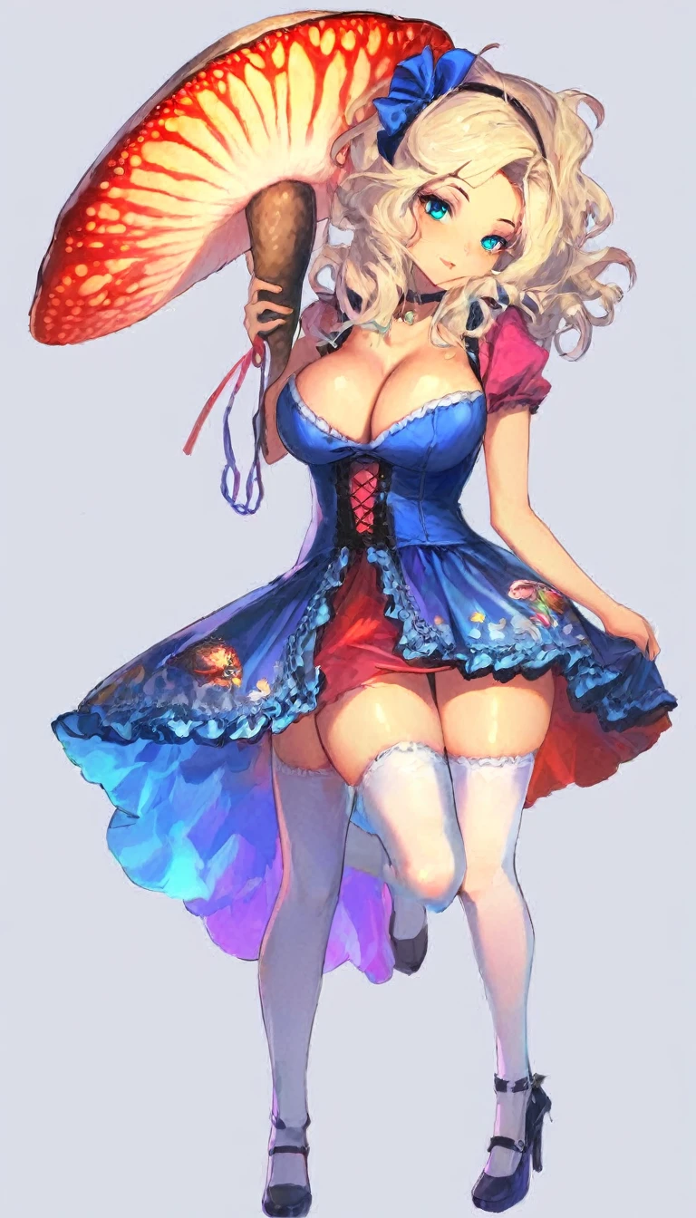 a beautiful 20 year old blonde woman with big messy hair in a blue dress, white stockings, black headband, cleavage, holding a glowing mushroom, fantasy art style, rossdraws cartoon vibrant, alice in wonderland cyberpunk, cute detailed digital art, colorfull digital fantasy art, digital fantasy art ), glossy digital painting, rossdraws pastel vibrant, rossdraws 2. 5, rossdraws 1. 0