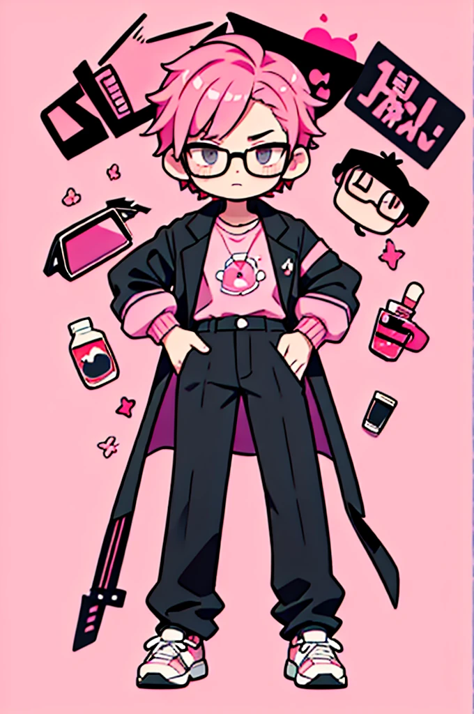 black pants, Sharp image, man, pink hair, wearing a pink jacket. , has a dull, bored face, wears round glasses, has short, neat hair, jibi