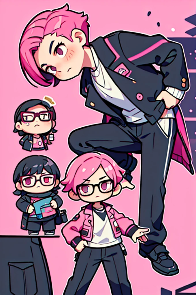 black pants, Sharp image, man, pink hair, wearing a pink jacket. , has a dull, bored face, wears round glasses, has short, neat hair, jibi