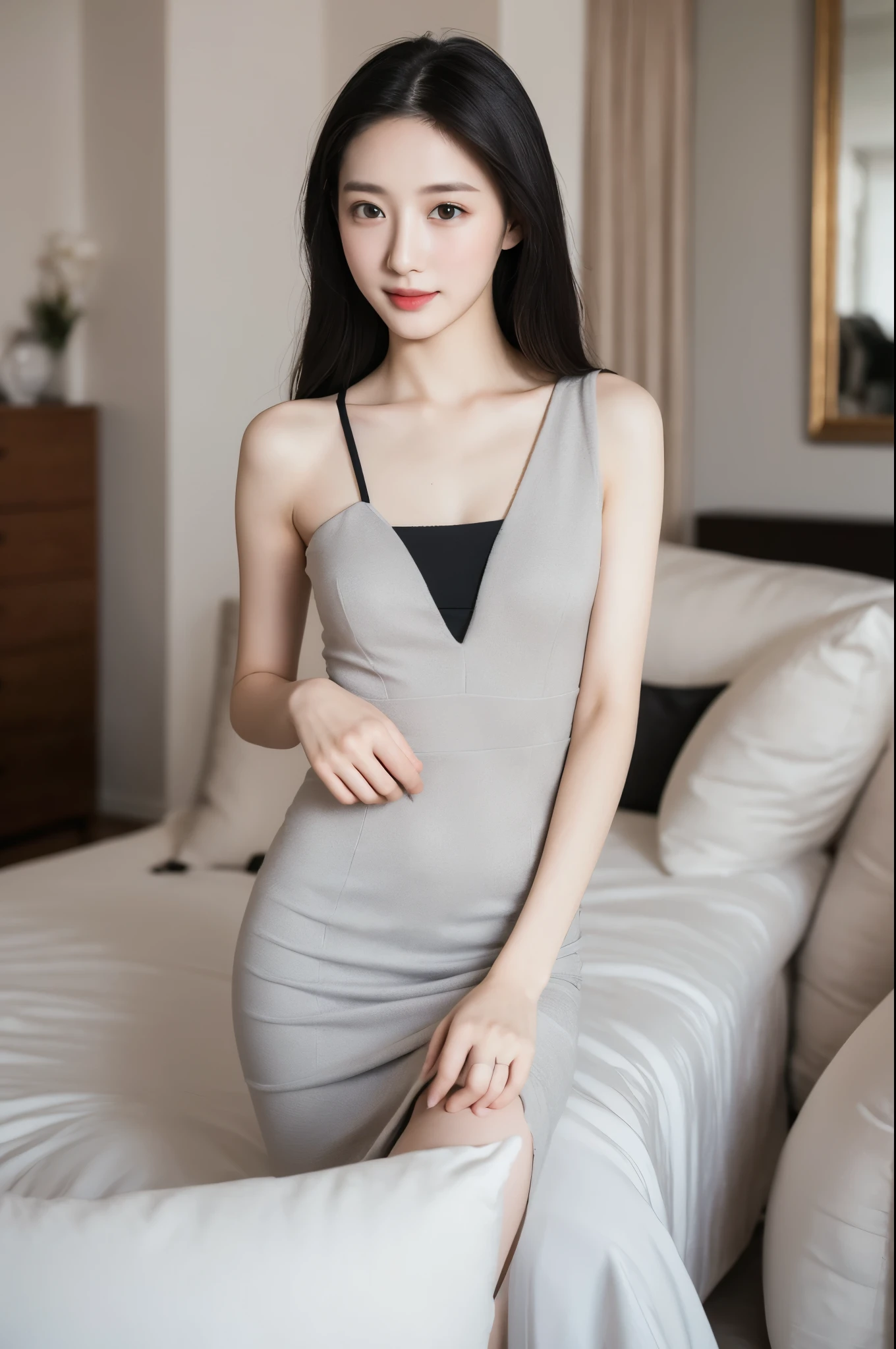 a beautiful 22-year-old girl, detailed gray eyes, pale porcelain skin, slim elegant figure, warm gentle smile, long flowing black hair, fashionable stylish outfit, high-quality professional photo, exquisite elegant bedroom interior, soft natural lighting, intricate detailed textures, photorealistic 8k, masterpiece