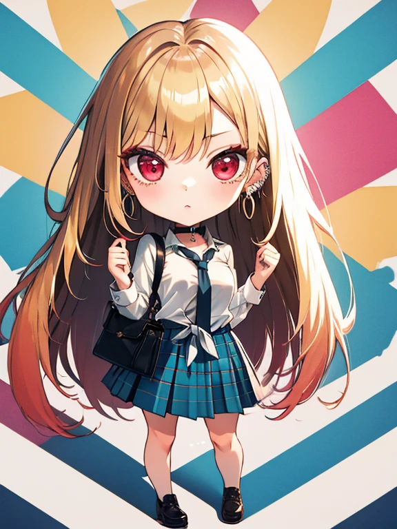  (chibi), full body, (masterpiece), highest quality, kitagawa marin, 1girl, blonde hair, long hair, multicolored hair, red eyes, jewelry, earrings, piercing, , white shirt, tied shirt, black choker, blue necktie, plaid skirt