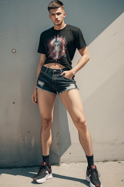 a young man having long legs, thick thighs, large hips, thin and narrow weist, big large feminine breasts, large male reproductive organs, t shirt and shorts, very small spikey boyish haircut, man , wide hips, bearded man, man,penis bulge , full body