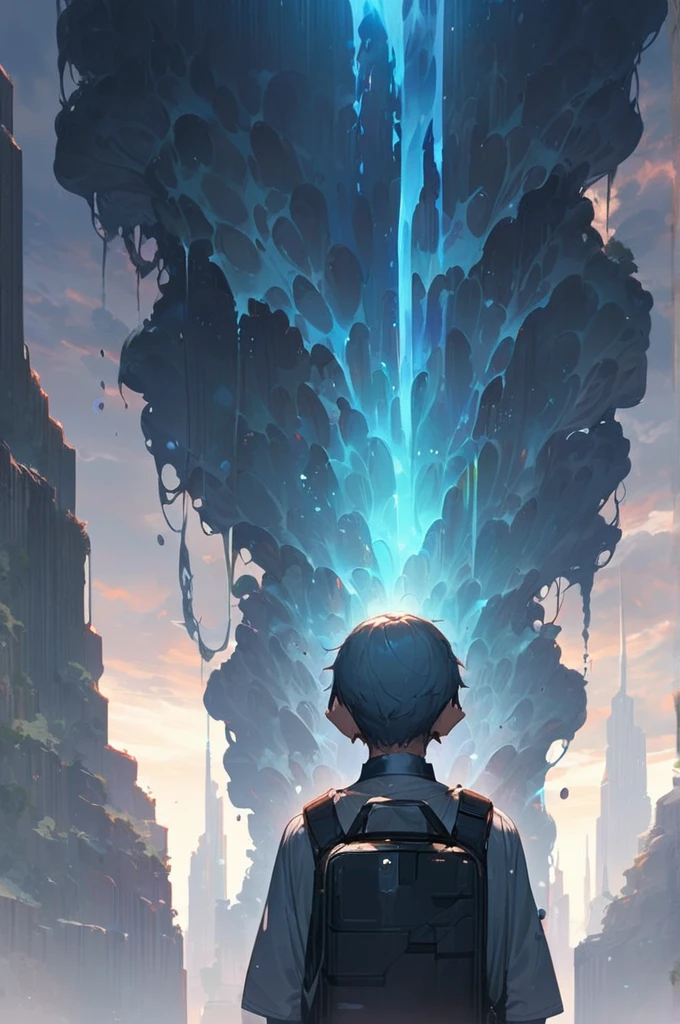 ((Best quality)), ((masterpiece)), (detailed), The guy is holding his device, liquid is leaking out of his device