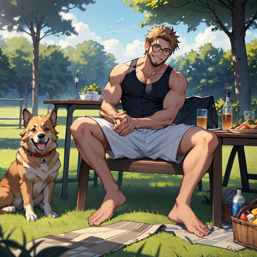 a man with a dark blond beard well groomed ,a dark blond hair   , a golden retriever dog sitting near him, the man wearing( glasses, green tanktop,white short ), in a park, the man sitting over a table  cloth on the grass near picnic basket , high well detailed face fingers body parts  focus, happy smile, happy dog, heart-warming, seen from the front to side
