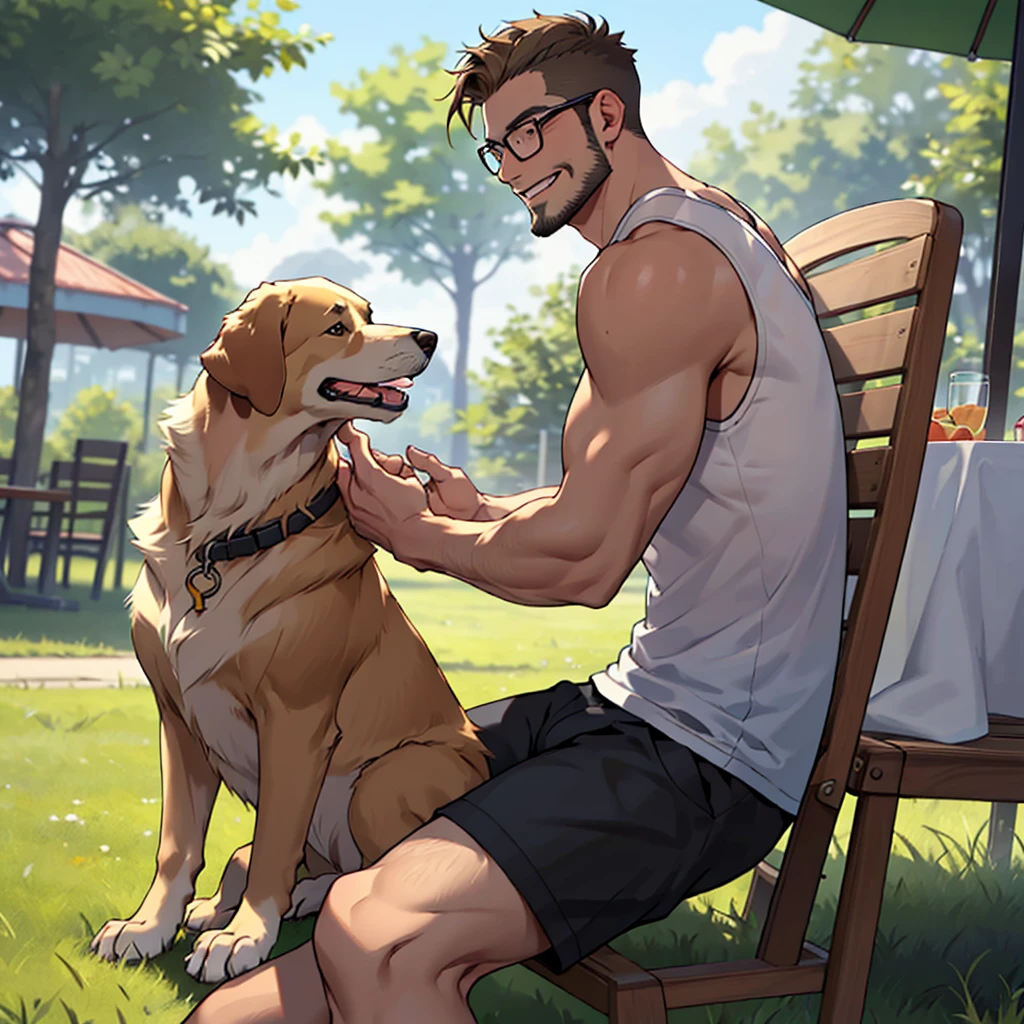 a man with a dark blond beard well groomed ,a dark blond hair   , a golden retriever dog sitting near him, the man wearing( glasses, green tanktop,white short ), in a park, the man sitting over a table  cloth on the grass near picnic basket , high well detailed face fingers body parts  focus, happy smile, happy dog, heart-warming, seen from the front to side