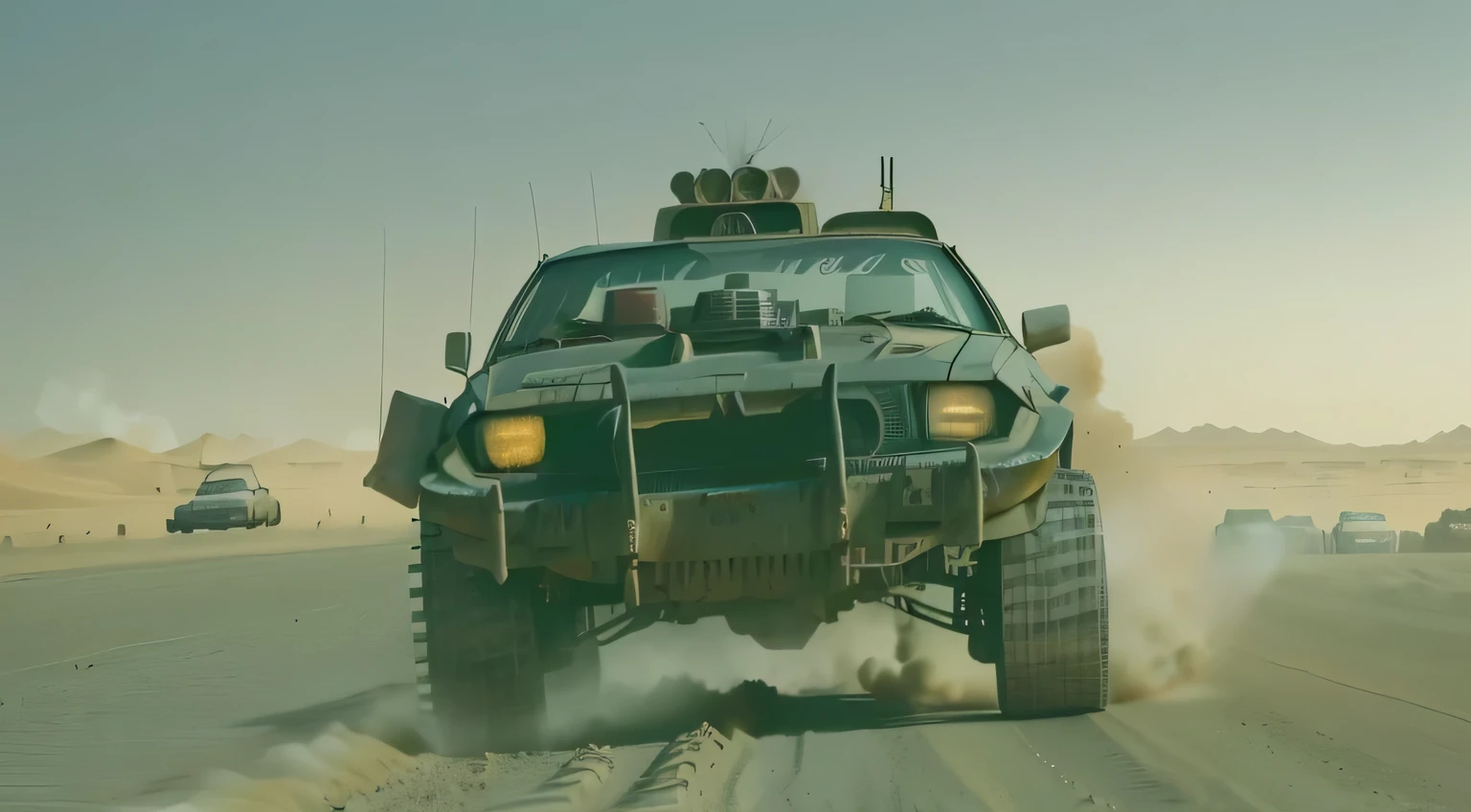 An Arafu car with a man on board is driving on a desert road, in Mad Max style, Mad Max style, Mad Max dust storm, Mad Max fury road style, Mad Max, Mad Max inspired, Mad Max, from the movie Mad Max fury road, pixar cars in Mad Max fury road, small style cue from Mad Max, Mad Max fury road driver on the right