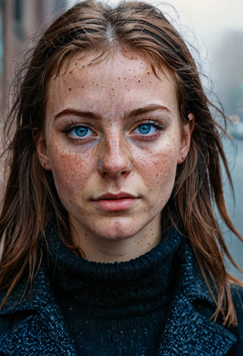 photography, city street, blue eyes, (small nose:2), freckles, eyeliner, mascara, portrait photo of young woman in dark clothes, sunny, daylight, fog, Fujifilm XT3, Canon R5, Fujicolor Fujichrome Velvia 100