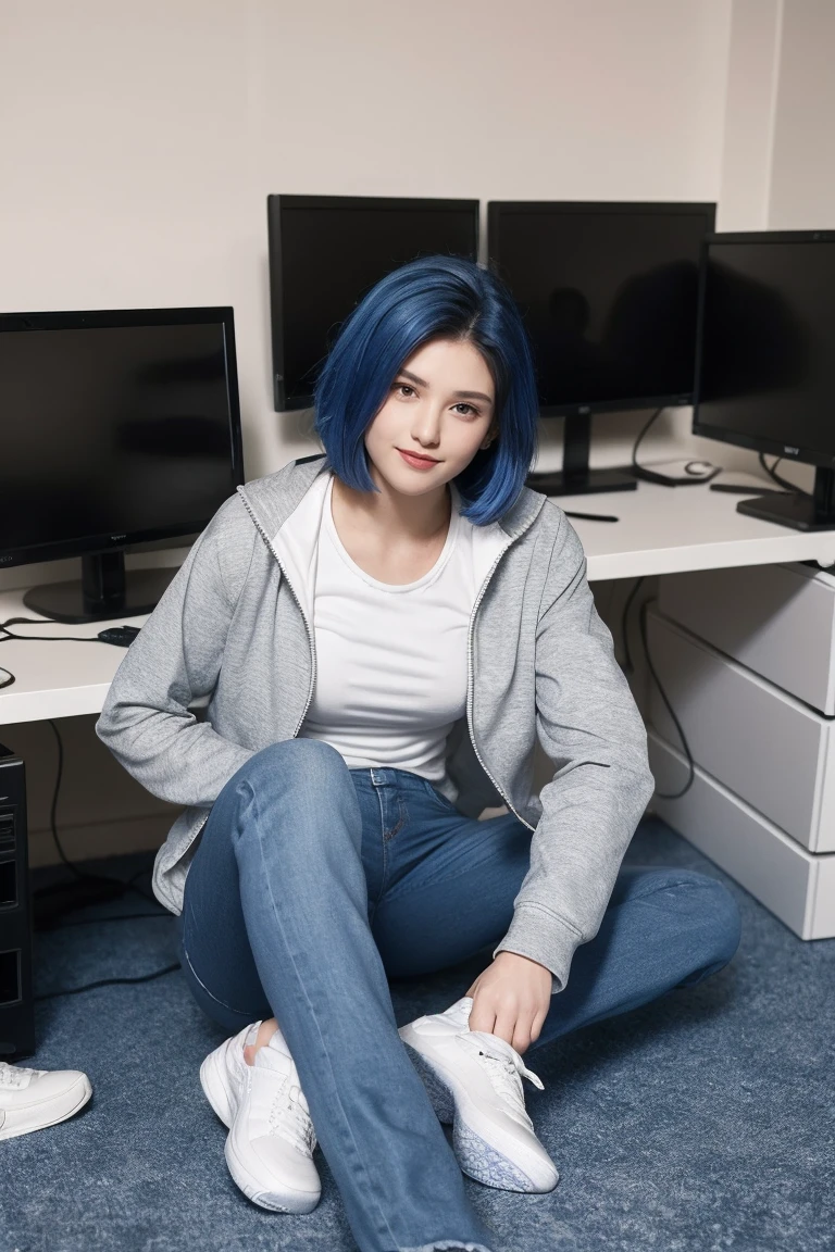 Best quality: 1.0), (Super High Resolution: 1.0), 21yo girl, short royal blue hair, green eyes, grey zip up jacket, Nintendo t-shirt, slight smile, long blue jeans pants, blue and white tennis shoes, sitting in front of computer playing games, background in esports room,