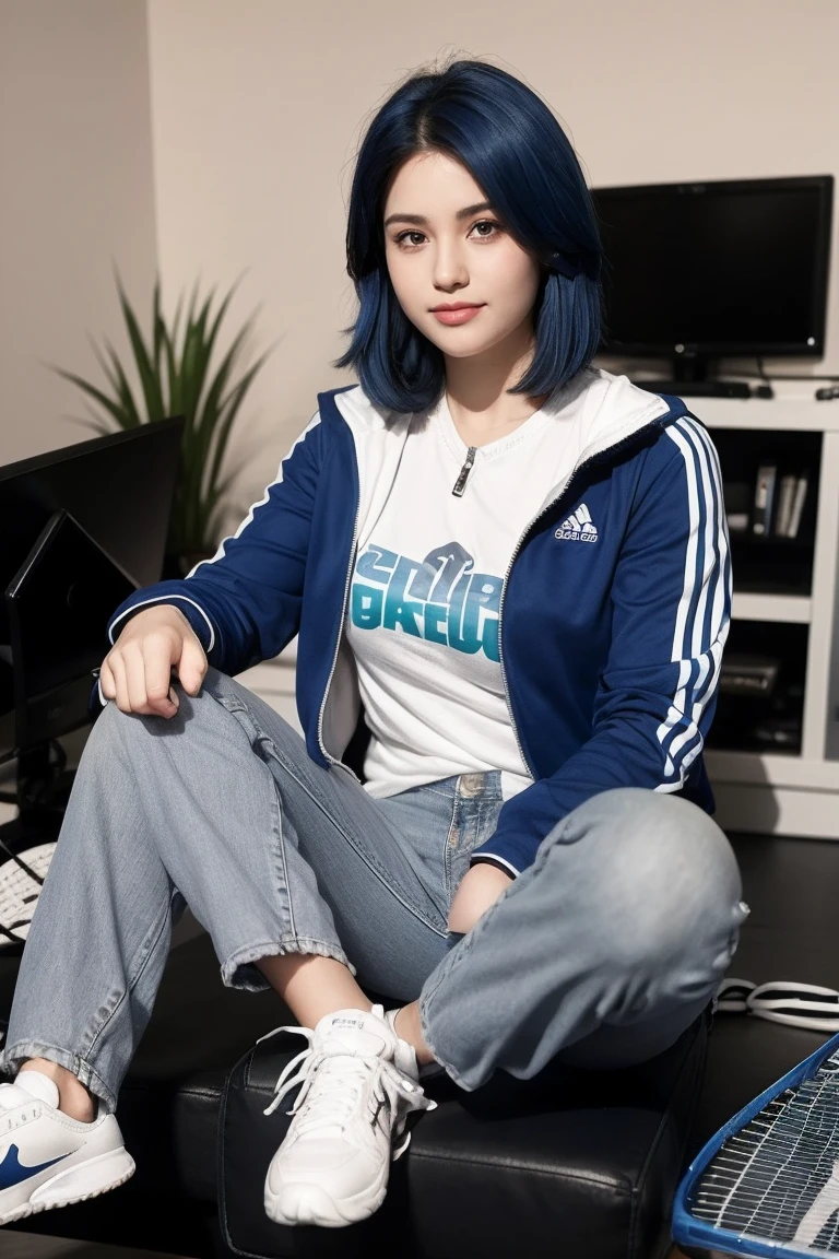 Best quality: 1.0), (Super High Resolution: 1.0), 21yo girl, short royal blue hair, green eyes, grey zip up jacket, Nintendo t-shirt, slight smile, long blue jeans pants, blue and white tennis shoes, sitting in front of computer playing games, background in esports room,