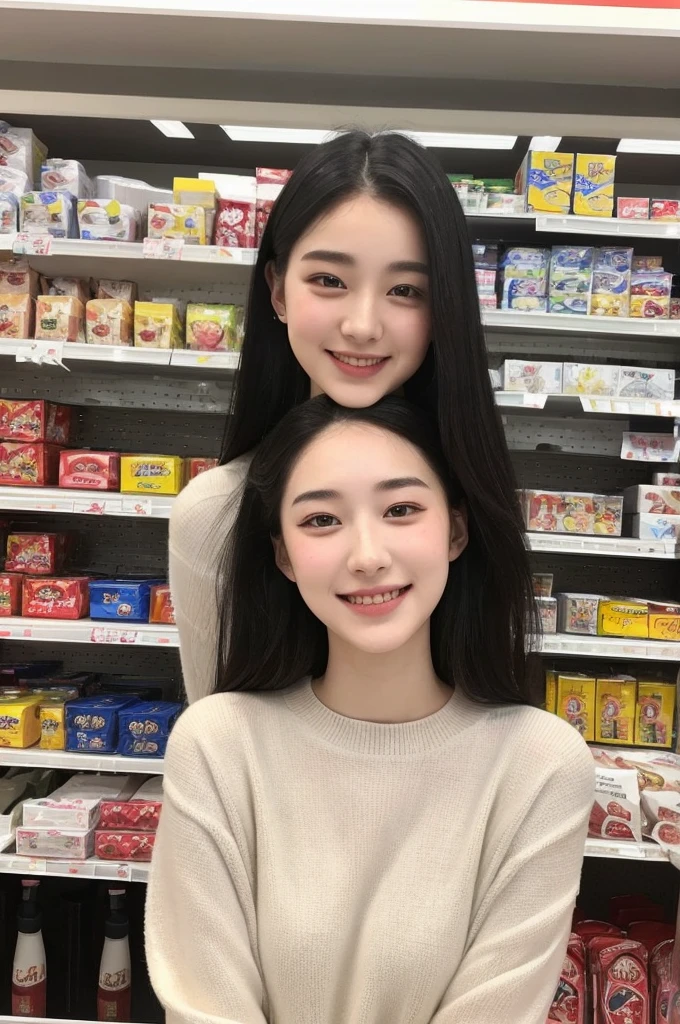 22-year-old girl, with gray eyes, pale white skin, slim figure, smiling, black hair, fashionable, photo taken with an ultra-realistic professional camera, she is in a convenience store