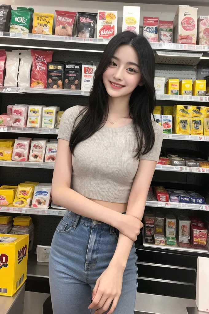 22-year-old girl, with gray eyes, pale white skin, slim figure, smiling, black hair, fashionable, photo taken with an ultra-realistic professional camera, she is in a convenience store