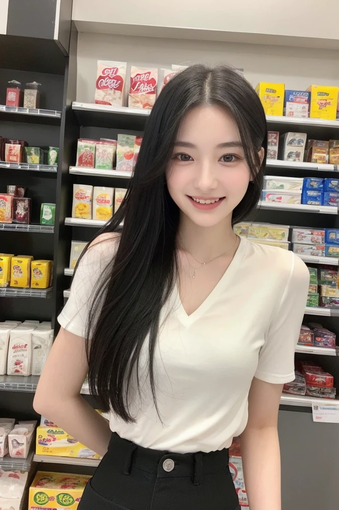 22-year-old girl, with gray eyes, pale white skin, slim figure, smiling, black hair, fashionable, photo taken with an ultra-realistic professional camera, she is in a convenience store