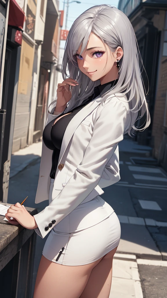 (masterpiece:1.2, top-quality), (realistic, photorealistic:1.4), beautiful illustration, (natural side lighting, movie lighting), 
looking at viewer, cowboy shot, front view, 1 girl, japanese, high school girl, perfect face, cute and symmetrical face, shiny skin, babyface, 
(long hair, straight hair, silver hair), hair between eyes, purple eyes, (middle breasts, seductive thighs, big ass), piercings, 
beautiful hair, beautiful face, beautiful detailed eyes, beautiful clavicle, beautiful body, beautiful chest, beautiful thigh, beautiful legs, beautiful fingers, 
((long sleeves, white collared shirt, black suit jacket, black pencil mini skirt), id card, strap, black high heels), 
(beautiful scenery), evening, park, walking, (lovely smile, upper eyes), big tits, ((high resolution face)), plump, (((ass))), (((low angle shot)))