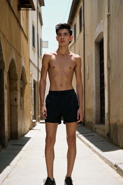 skinny 18 year old boy on a 15th century street, torso exposed, transparent pants, tight shorts, (laughing:0.5), (highly detailed), saturated colors, hyperrealistic, lifelike texture, dramatic lighting, cinestill 800, midday, vintage lighting, black thin hair