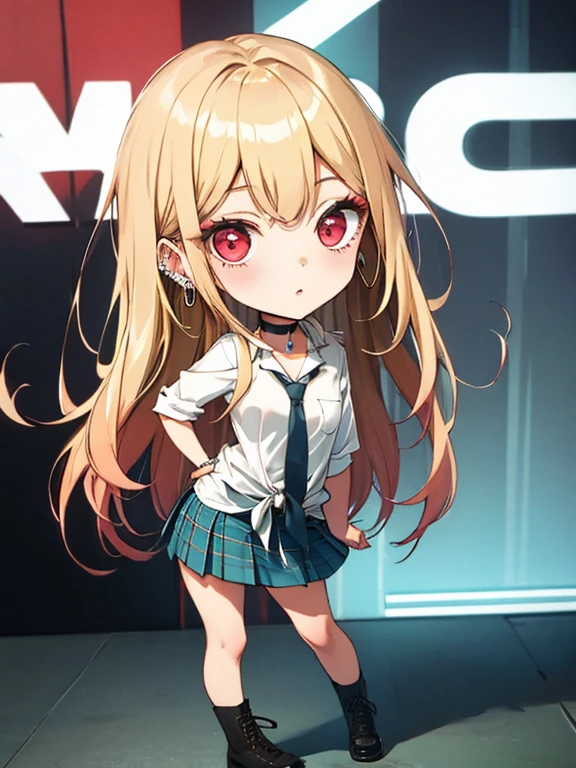(chibi), full body, (masterpiece), highest quality, kitagawa marin, 1girl, blonde hair, long hair, multicolored hair, red eyes, jewelry, earrings, piercing, , white shirt, tied shirt, black choker, blue necktie, plaid skirt