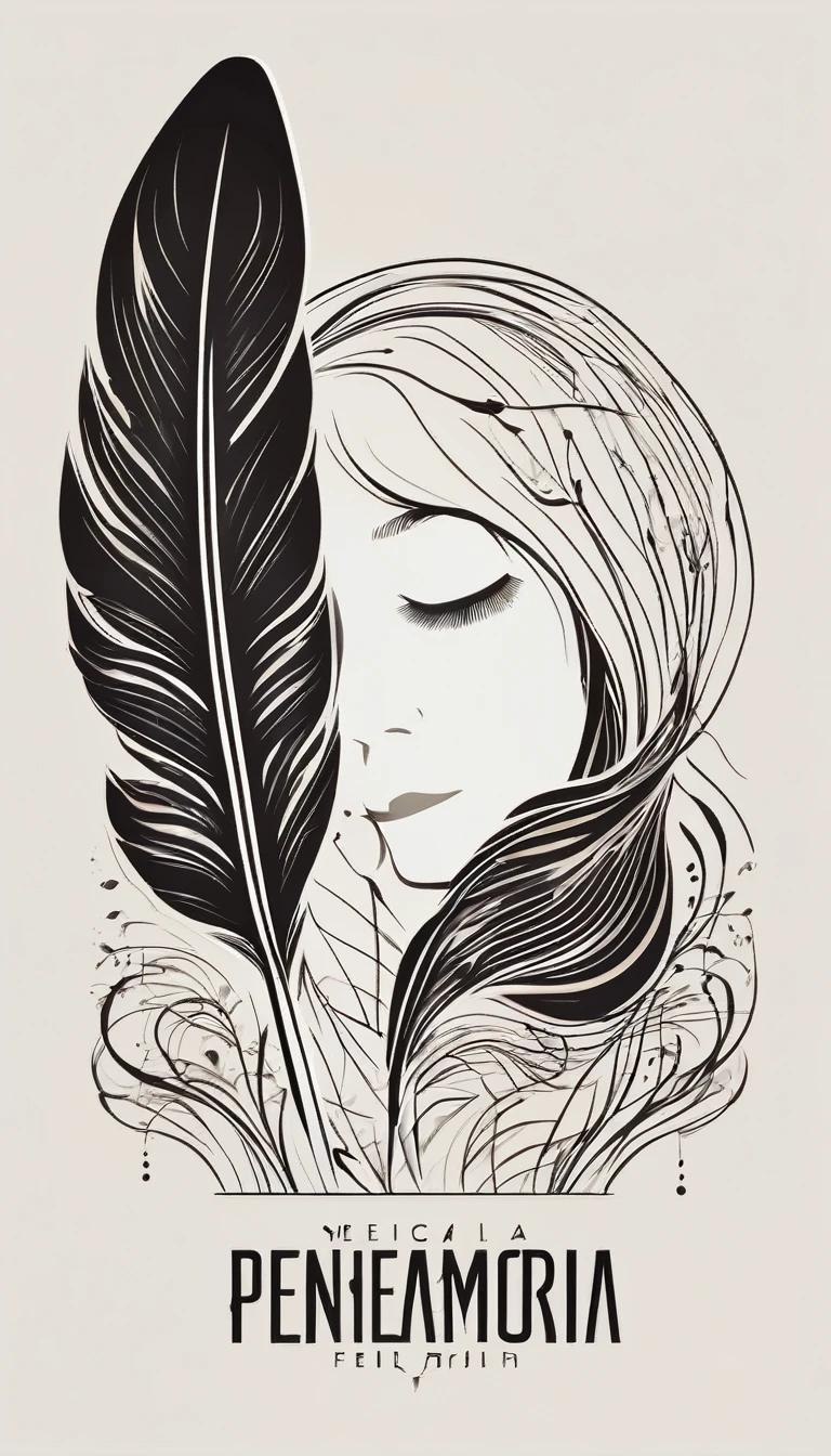 Create a modern, minimalistic logo design for a brand about music and movies called " Penamemoria" . The logo must be in minimalistic style and convey a sense of storytelling, music and dreams. The logo of a special, unique, memorable, captivating feather. Half of the feather is the face of a boy guitarrist, and the other half is a feather of memories