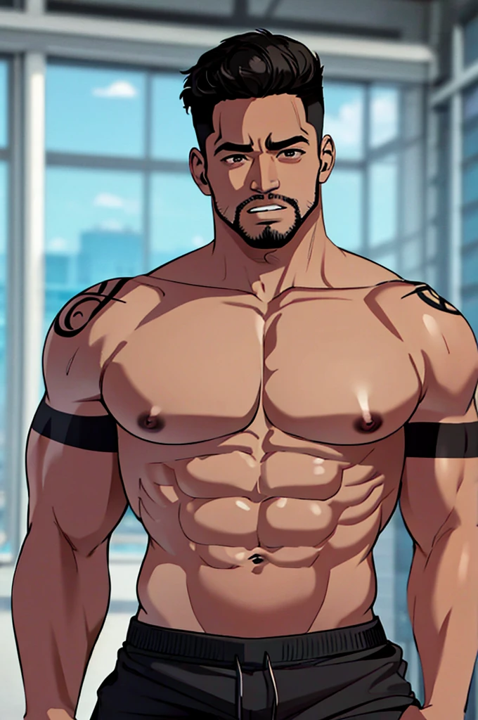 Big Muscular Black guy. Arm and Body tattoos. Black shorts. Black Skin, Shirtless