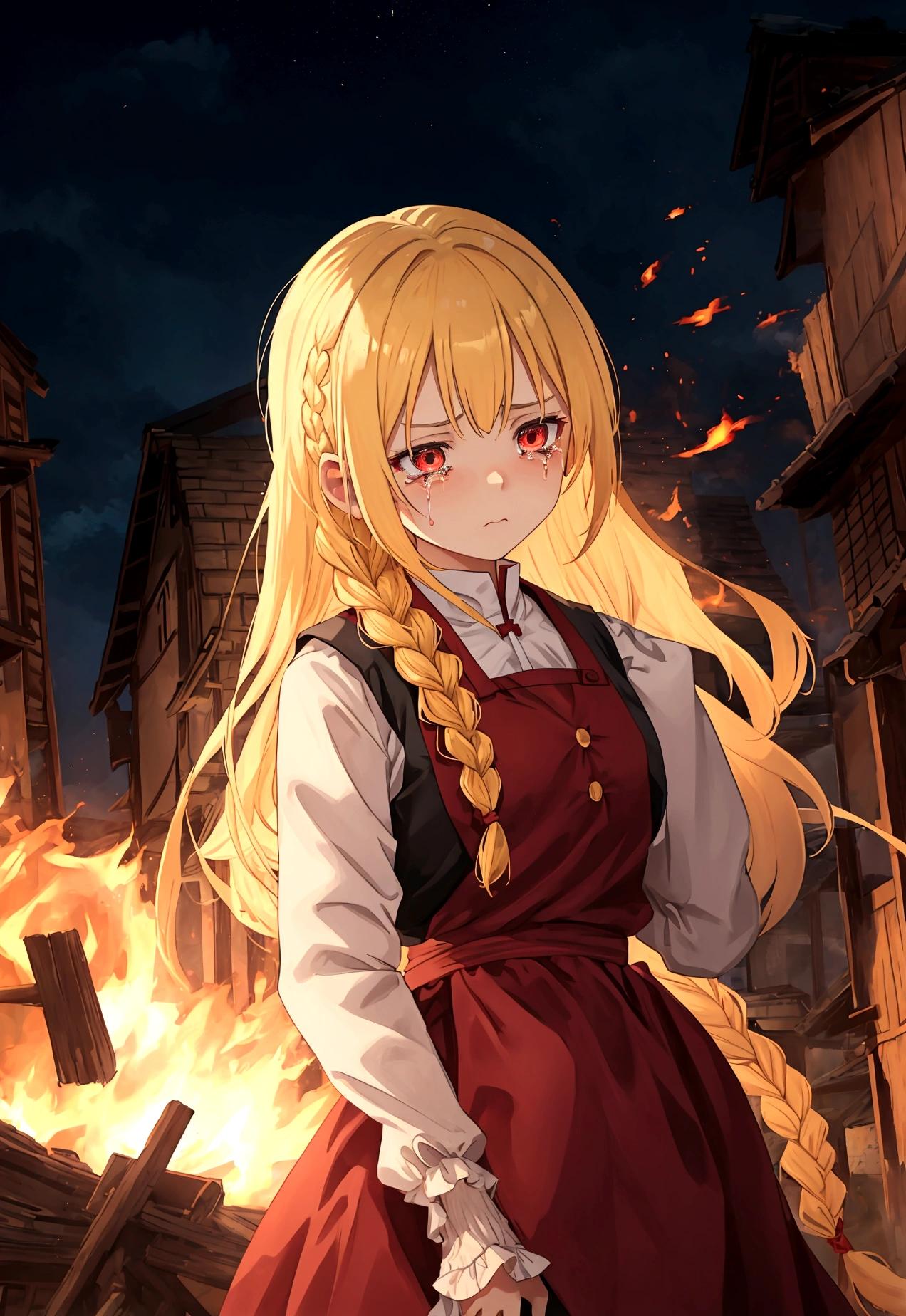 slavian girl anime fire on background, the village is burning, the girl is standing sideways, blonde, long braid, sad, crying, anger