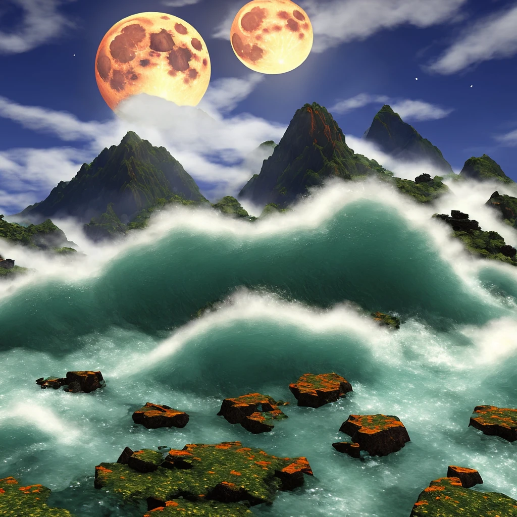 ps2 games graphics.The moon, which is rugged like an ore, is in the center of the screen. A torrent of emerald green and orange waves swirls. There are ruins of the Inca Empire. Photographs of rocks are used. Photos of waves are used.3d polygon games