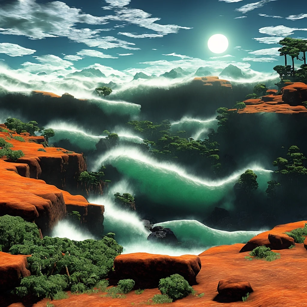 ps2 games graphics.The moon, which is rugged like an ore, is in the center of the screen. A torrent of emerald green and orange waves swirls. There are ruins of the Inca Empire. Photographs of rocks are used. Photos of waves are used.3d polygon games