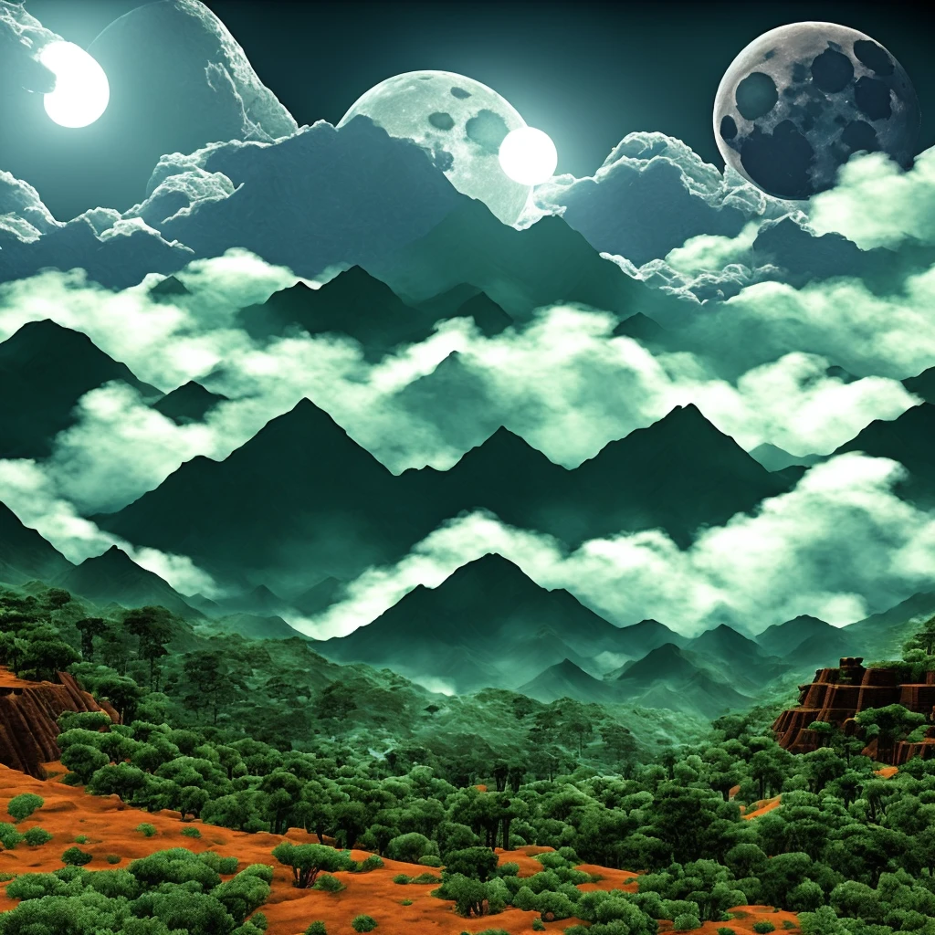 　ps2 games graphics.The moon, which is rugged like an ore, is in the center of the screen. A torrent of emerald green and orange waves swirls. There are ruins of the Inca Empire. Photographs of rocks are used. Photos of waves are used.3d polygon games