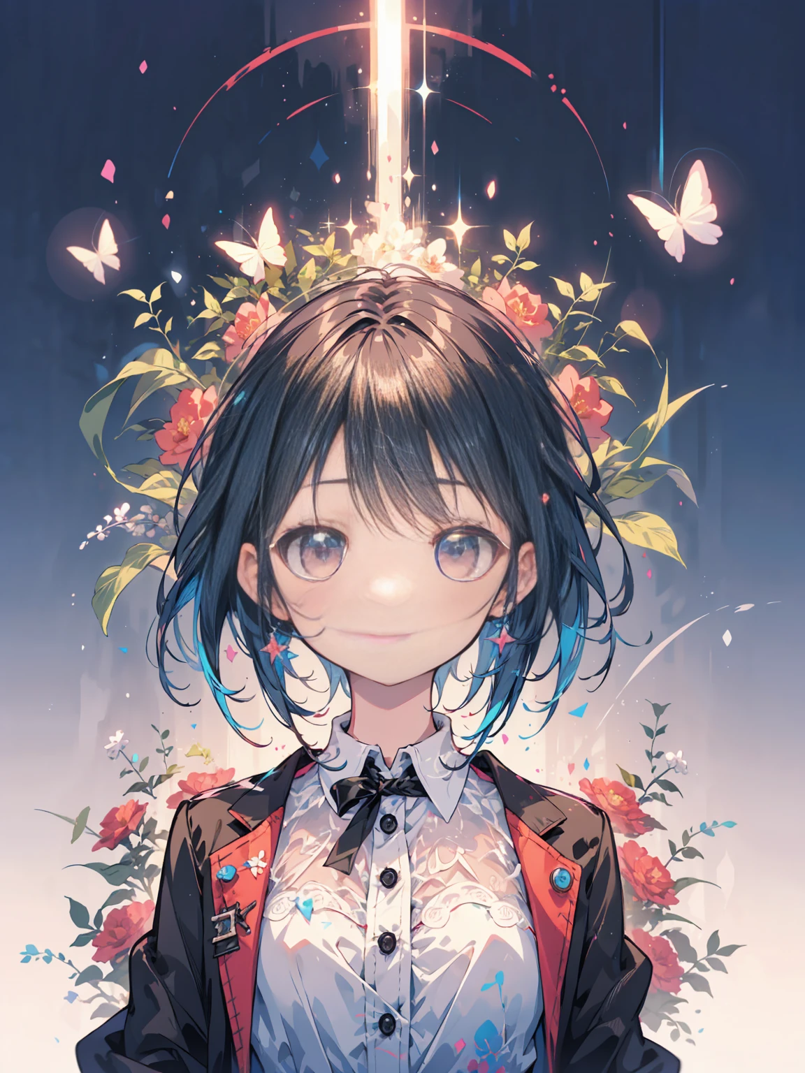 (masterpiece, highest quality, highest quality, (No text), Beautiful and aesthetic:1.2),No text,anime、 BREAK,One Girl,Short black hair Beautiful eyes Red eyes cool smile cute Black jacket mini skirt whole body night