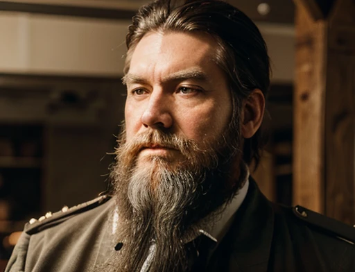 The general has a large, voluminous white beard, he has a general's hat on his head, he wears a modern uniform, he is gesturing with his hands to the spectators, he is plump, chubby, extremely thick thighs, large belly, fat, age 65, he holds a mug of hot coffee , ambience: dentro de uma nave. Full body photography Full body photography different angles of the image.