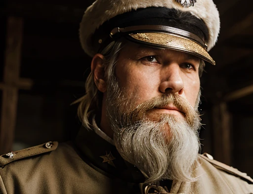 The general has a large, voluminous white beard, he has a general's hat on his head, he wears a modern uniform, he is gesturing with his hands to the spectators, he is plump, chubby, extremely thick thighs, large belly, fat, age 65, he holds a mug of hot coffee , ambience: dentro de uma nave. Full body photography Full body photography different angles of the image.