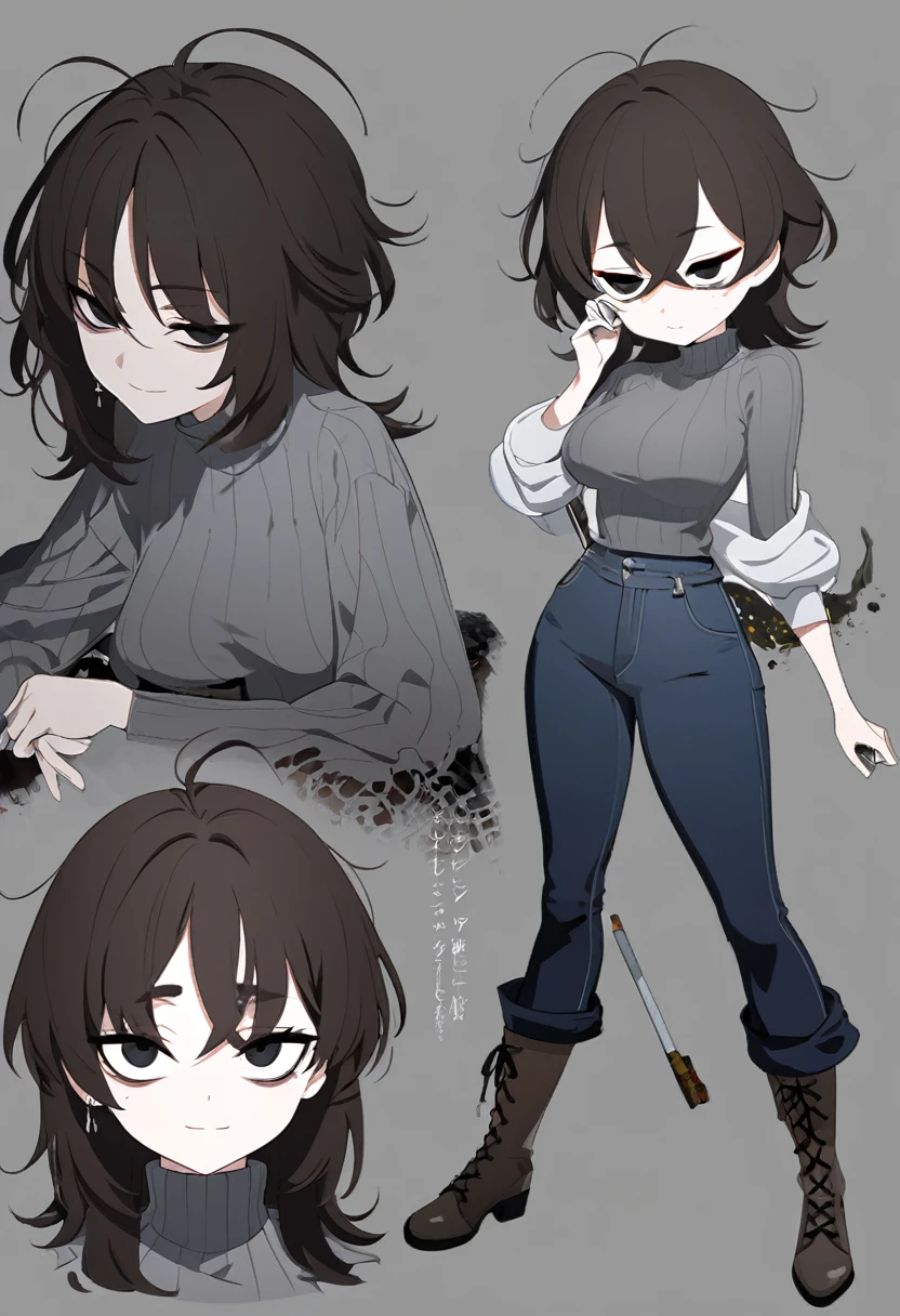 One Woman,Downer,older sister,Concept Art,Dark brown hair,Straight hair with slight inward curls,Staring eyes,Eye Ridge,black eye,Crossed bangs,whole body,smile,Slightly larger breasts,Gray background,Bangs that reach down to the eyes,Messy hair,Tight dark jeans,Gray turtleneck sweater,Multiple views of the same character,Character Design,Dark circles under the eyes,Bad look,Listless,Sloppy,Silver Jewelry,Cafe staff,Holding a cigarette,whole bodyCharacter Design,Detailed hands,Height: 170cm,boots,fleshy,