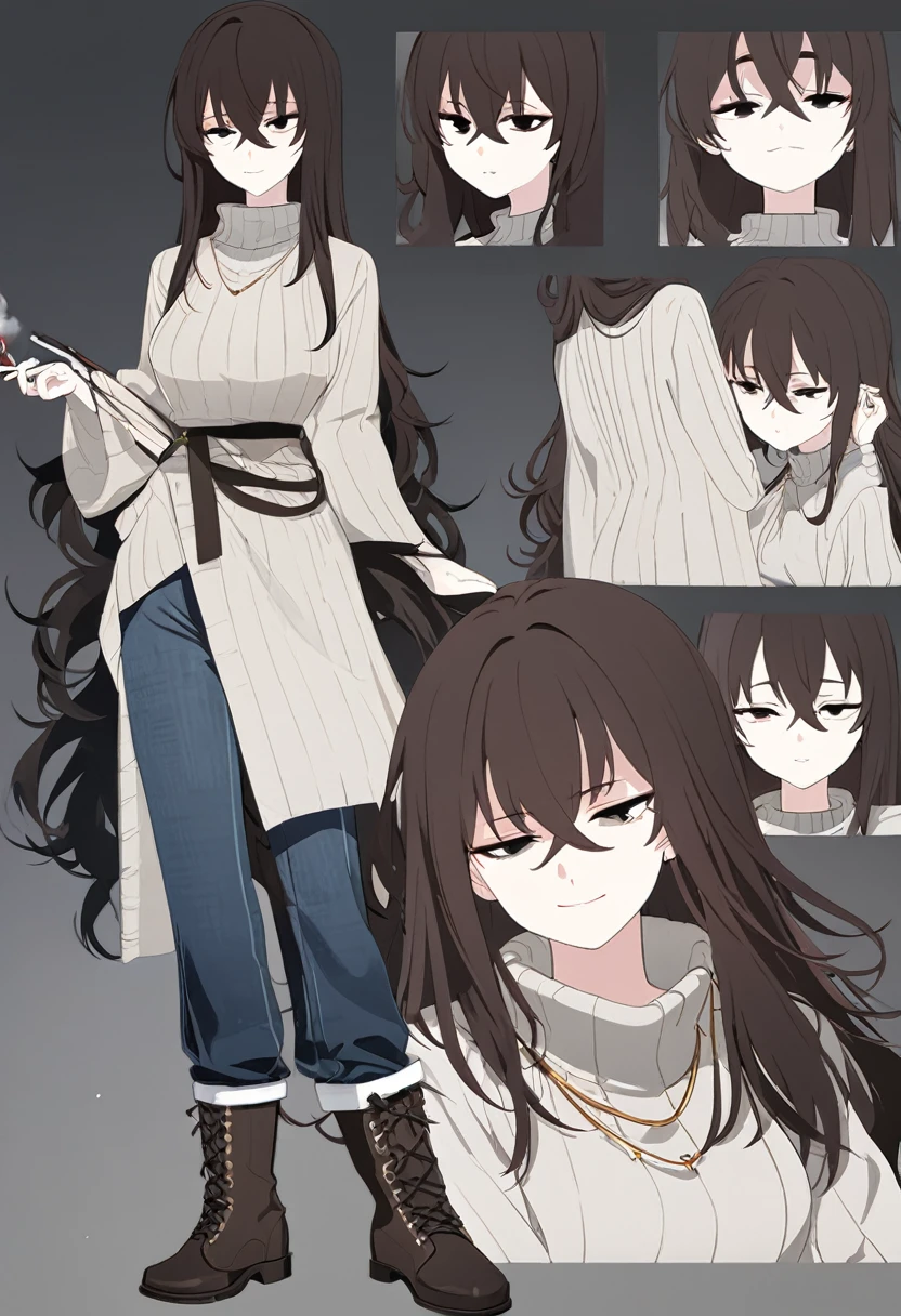One Woman,Downer,older sister,Concept Art,Dark brown hair,Straight hair with slight inward curls,Staring eyes,Eye Ridge,black eye,Crossed bangs,whole body,smile,Slightly larger breasts,Gray background,Bangs that reach down to the eyes,Messy hair,Tight dark jeans,Gray turtleneck sweater,Multiple views of the same character,Character Design,Dark circles under the eyes,Bad look,Listless,Sloppy,Silver Jewelry,Cafe staff,Holding a cigarette,whole bodyCharacter Design,Detailed hands,Height: 170cm,boots,fleshy,
