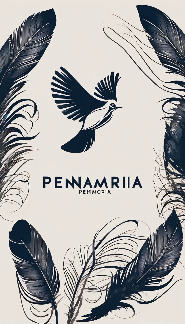 Create a logo design of a special, unique, poetic, minimalistic feather that represents a special creative brand called " Penamemoria". The brand is created by an artist called Rafael Figueiras. The logo must convey the sense of storytelling and music. Must include a boy, one acoustic guitar, a feather and a fantastic bird. Logo design and icon design present and impressed on a white t-shirt.