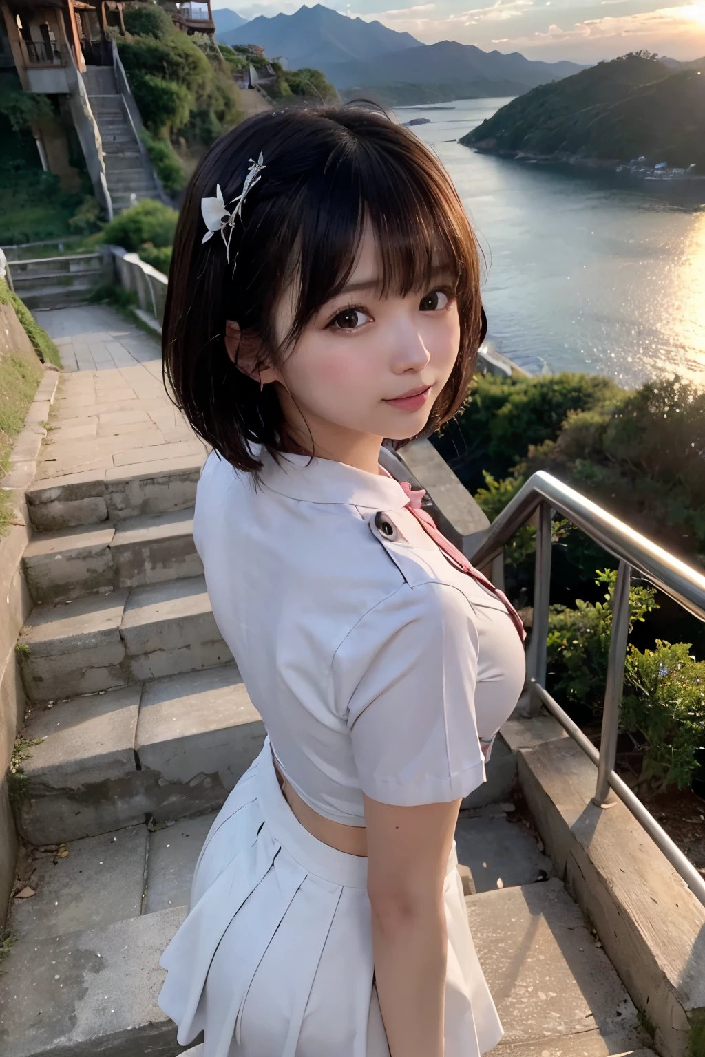 SFW, (Dynamic Angle), Looking Back Viewer, by a Telephoto Lens,
Short Bob Cut:1.5, Japanese, 20-year-old girl:1.5, Wide-Set Eyes:1.5, Wet Hair:1.2, Brown Hair, Blush, Embarrassed, Very white skin, Open Mouse Slightly, Medium ASS, Small Breasts, Laughing:1.2, ((School Uniform:1.2)),
(8K, RAW Photo, Best Quality, Masterpiece:1.2), (Realistic, PhotoRealistic), (Extremely Detailed 8K Wallpaper), Anatomically correct:1.5, (Beautifully Detailed Eyes, Finely Detailed Face),
(Sunset Glow, On Deck, ((Port Town:1.2)), Many Small Islands:1.0, (Many White Steep Staircases in the Mountain:1.5), (Temples existing Halfway in the Mountain:1.2), The Big Bridge which Connects Islands),
from Back:1.2, from Below:1.2, from Side:1.2, Full Body,
((Professional Lighting))