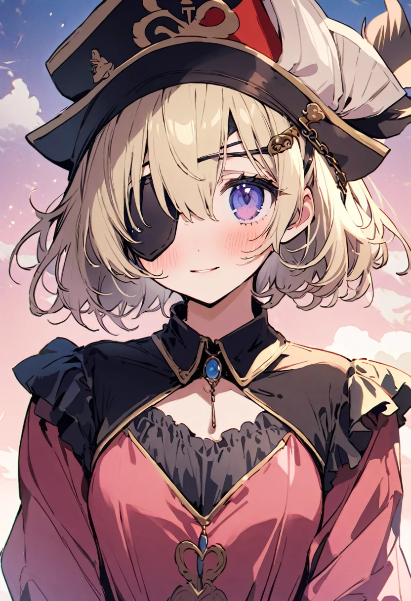 masterpiece, Highest quality, Illustration of the novel, High resolution, 18+ Adult content, Sensual, Intimate, Emotional, Passionate, romantic, sweet, Adorable, Innocent, Pure, Charmな, Charmな, Charm, mysterious, Charmな, Charmな, Immersive, Charmな, dream-like, Surreal, Imaginative, Whimsical, Artistic, Avant-garde, timeless, elegant, Sophisticated, chic, Sophisticated, personality, original, Charmな,((Loli Pirate:1.3)),((Eye patch:1.3))、((Upper Body:1.3))