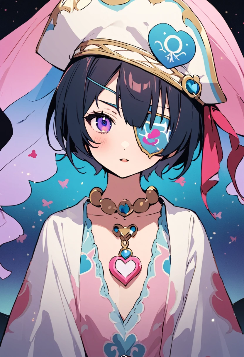 masterpiece, Highest quality, Illustration of the novel, High resolution, 18+ Adult content, Sensual, Intimate, Emotional, Passionate, romantic, sweet, Adorable, Innocent, Pure, Charmな, Charmな, Charm, mysterious, Charmな, Charmな, Immersive, Charmな, dream-like, Surreal, Imaginative, Whimsical, Artistic, Avant-garde, timeless, elegant, Sophisticated, chic, Sophisticated, personality, original, Charmな,((Loli Pirate:1.3)),((Eye patch:1.3))、((Upper Body:1.3))