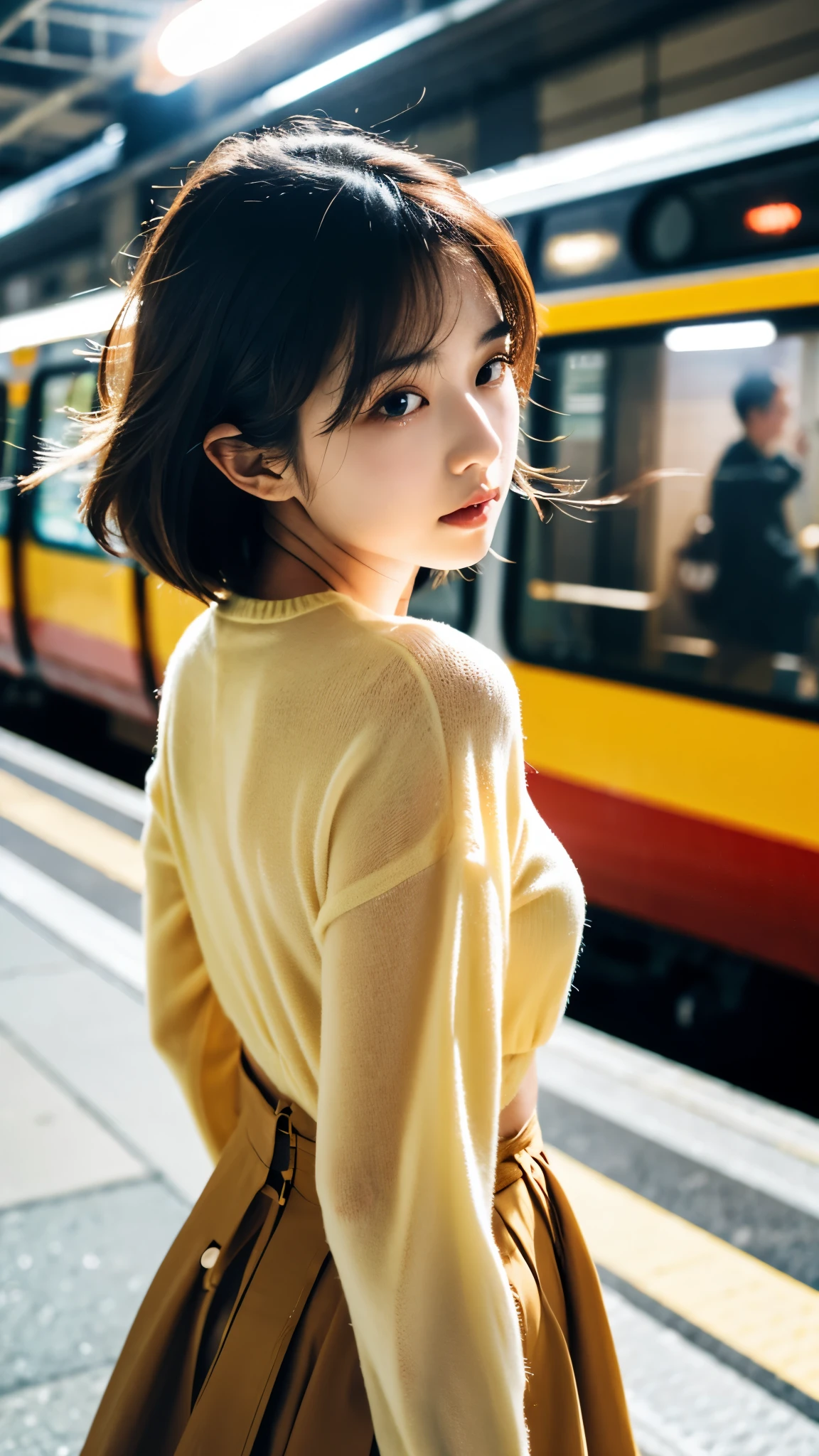 Cinematic Photo of a beautiful korean fashion model bokeh train